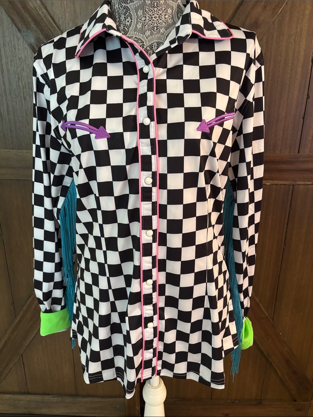 Ranch Dress’n Checkered Button-Up Shirt with Neon Accents